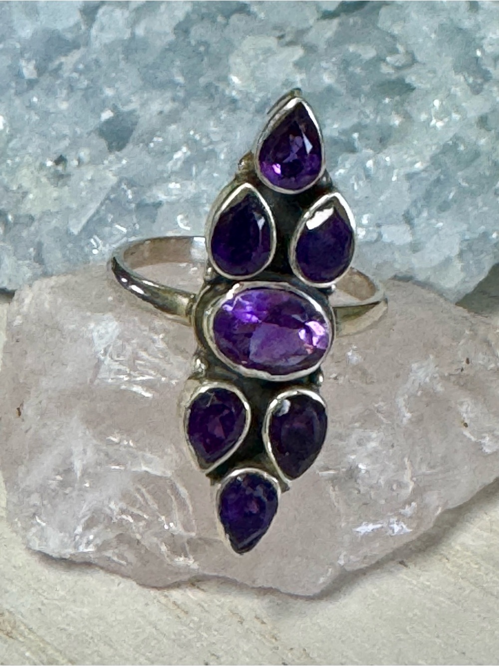 Amethyst Cluster Sterling Silver Gemstone Ring - Size 9